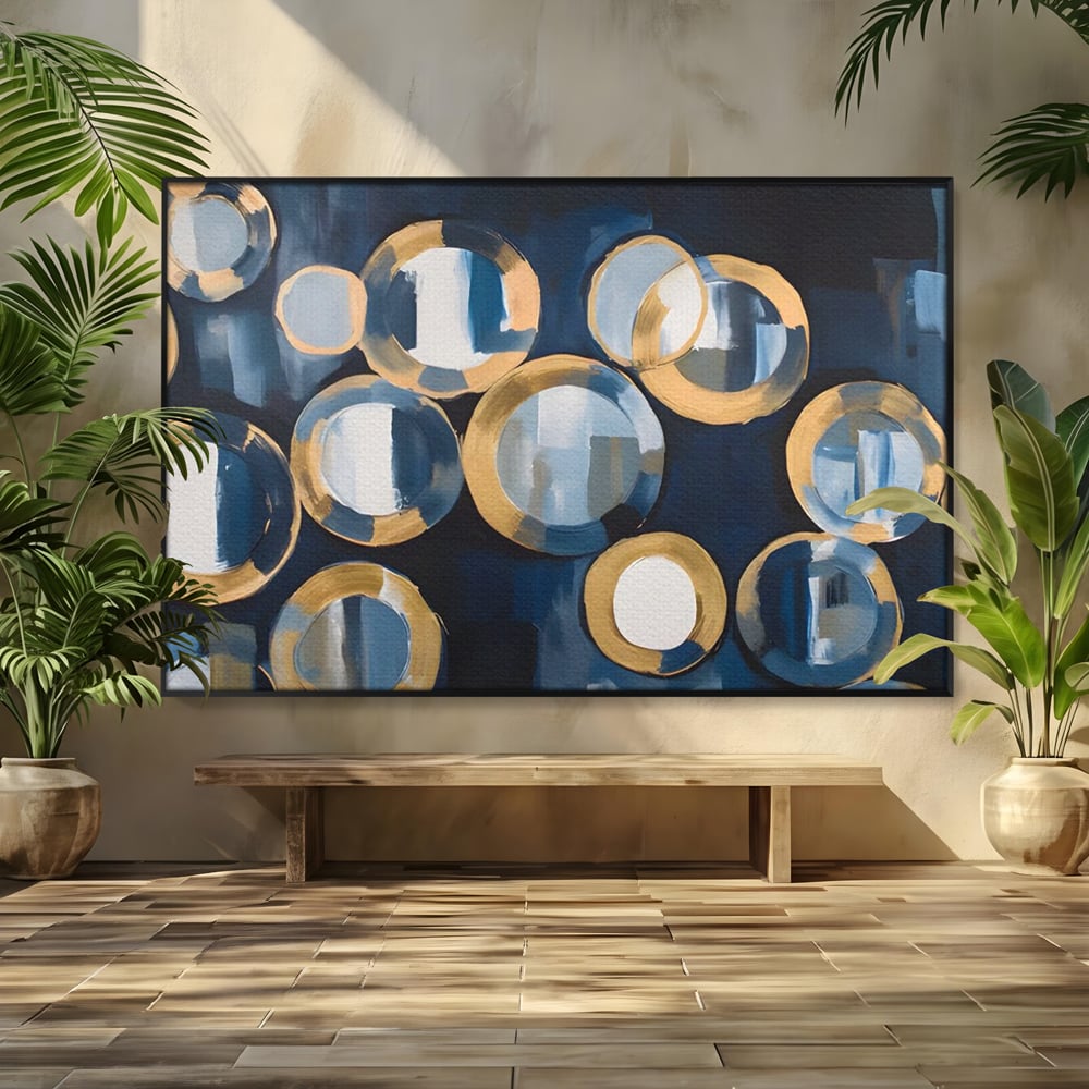 Tablou canvas cu pictura abstracta cu cercuri albastre si aurii, in rama de aluminiu negru
